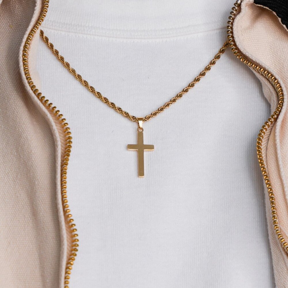 Gold Classic Cross Pendant Rope Chain Necklace